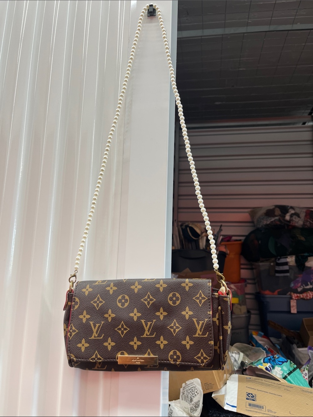 Designer-Inspired Brown Monogram Shoulder Bag with Pearl Strap